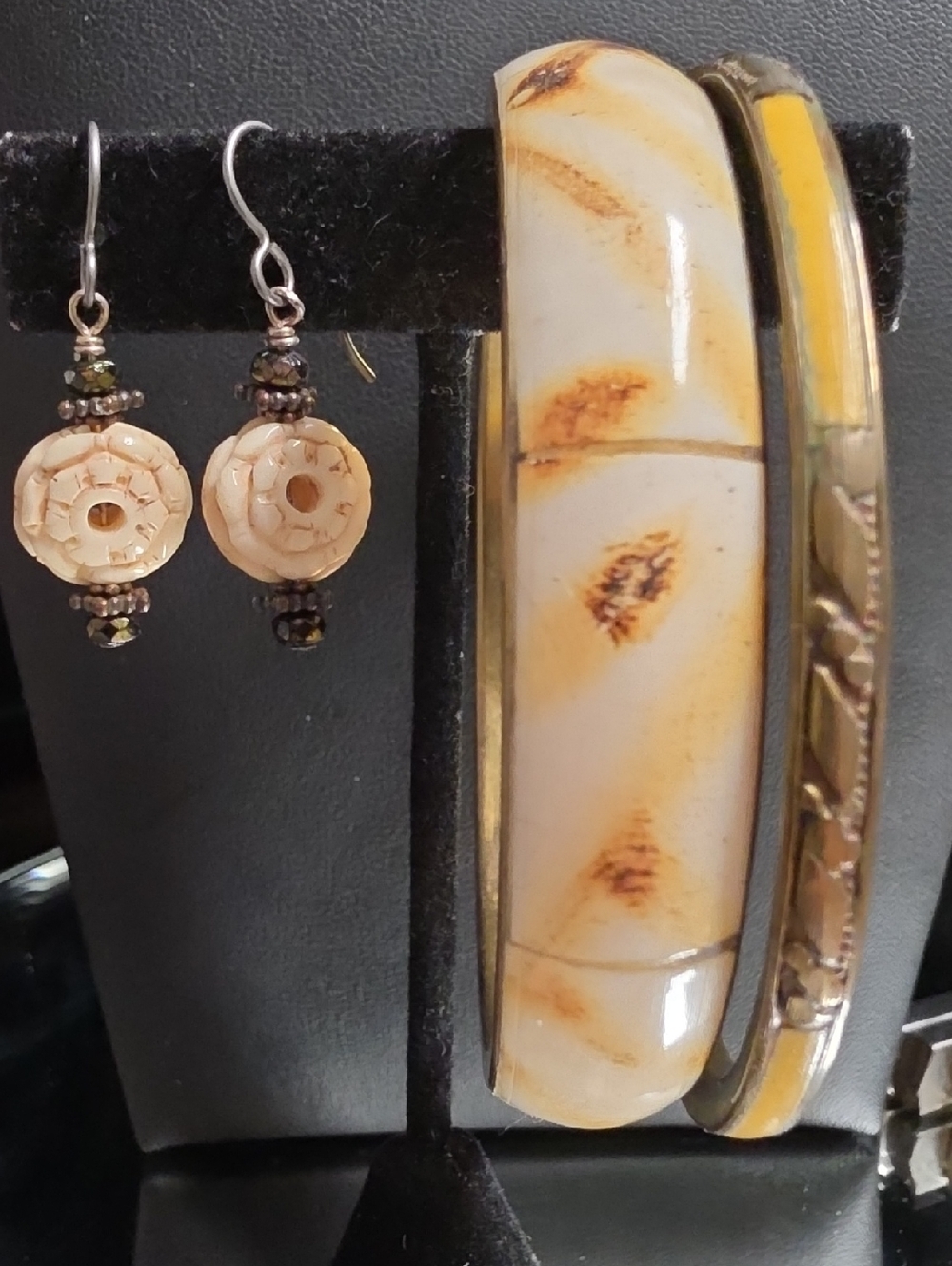 Vintage 3 Pc Bone And Brass Set. 1 Pierced Earrings and 2 Yellow Tone Bangles